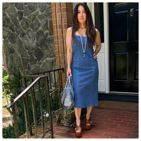 25 Slit Back Denim Dress With Spaghetti Strap - Picture 2 of 7